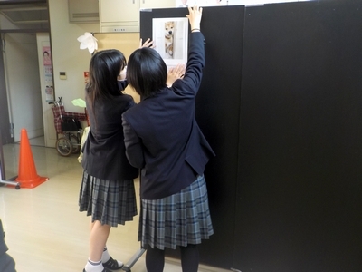 配置を考えながら作品を掲示する様子